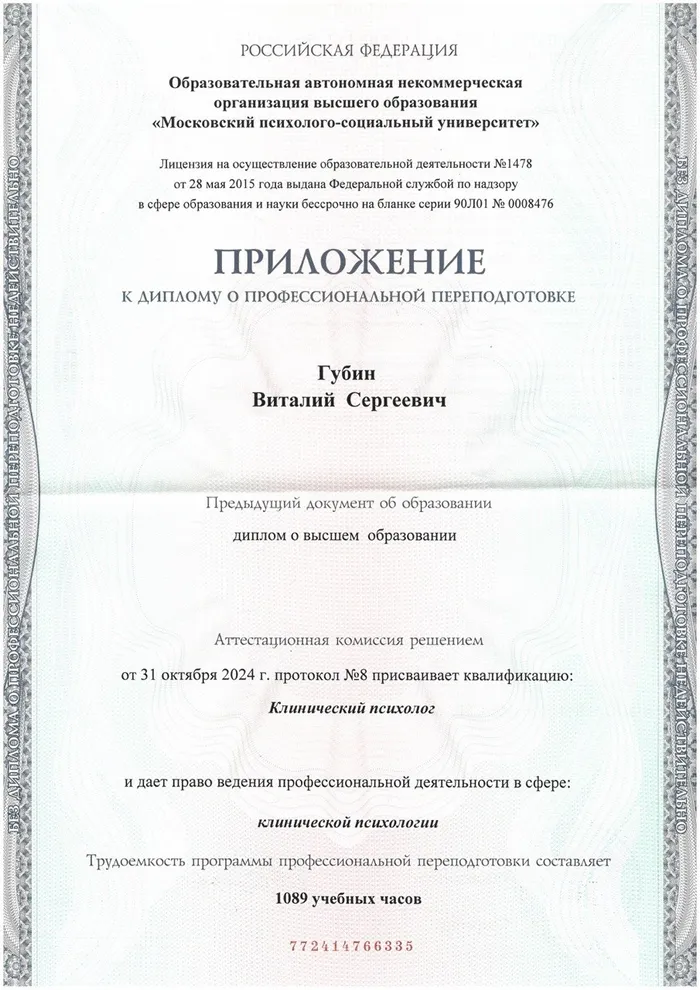 Приложение к диплому: квалификация «Клинический психолог», 1089 часов